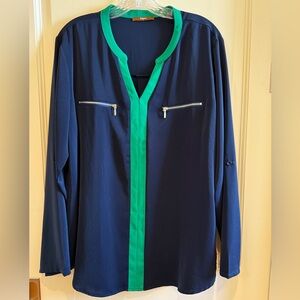 Gaharu Navy and Green Long Sleeve Roll Tab Blouse
